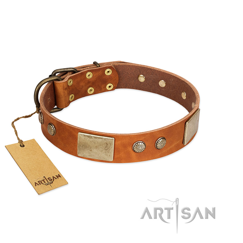 "Ancient Treasures" FDT Artisan Tan Leather German Shepherd Collar with Antiqued Plates and Studs - Click Image to Close
