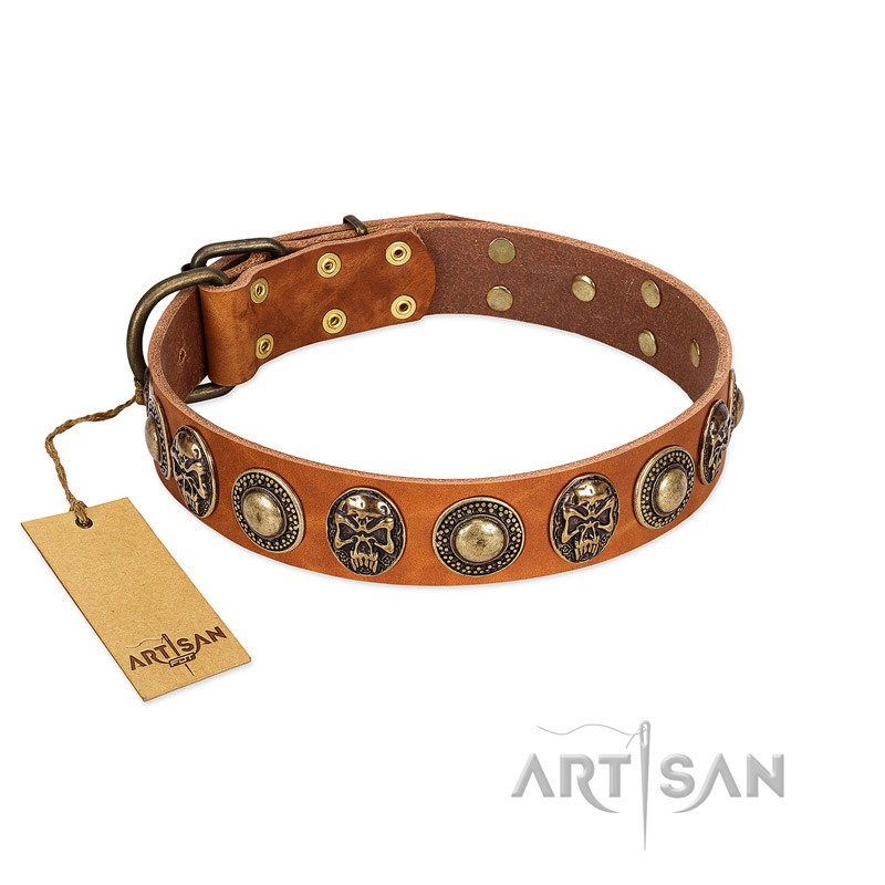 "Golden Epoch" FDT Artisan Tan Leather German Shepherd Collar with Old Bronze-plated Medallions and Conchos