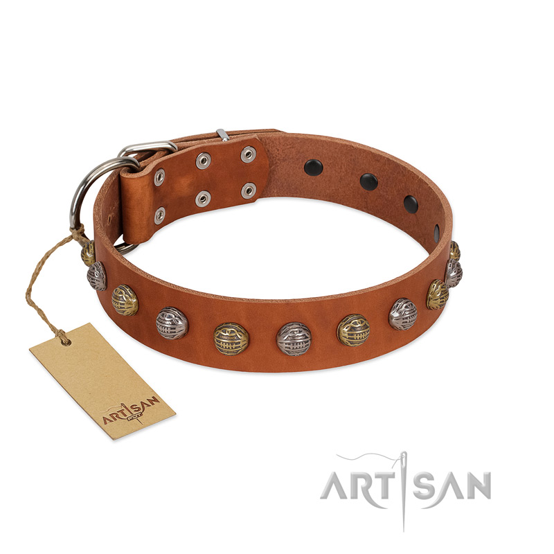 "Dogue-Vogue" FDT Artisan Tan Leather German Shepherd Collar with Engraved Chrome-plated Studs