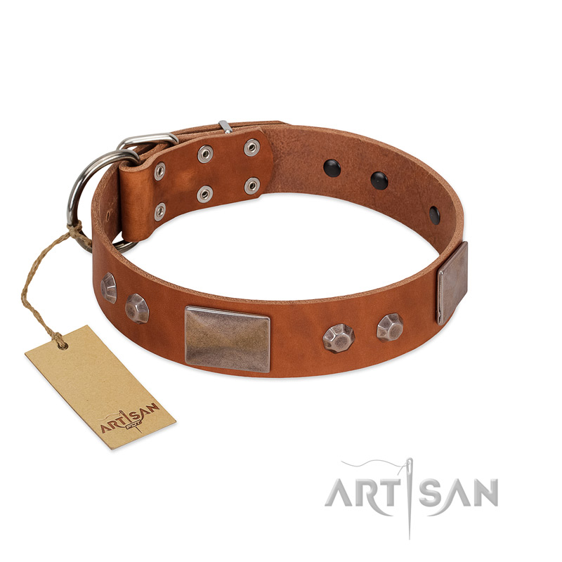"Great Obelisk" Handcrafted FDT Artisan Tan Leather German Shepherd Collar with Large Plates and Pyramids