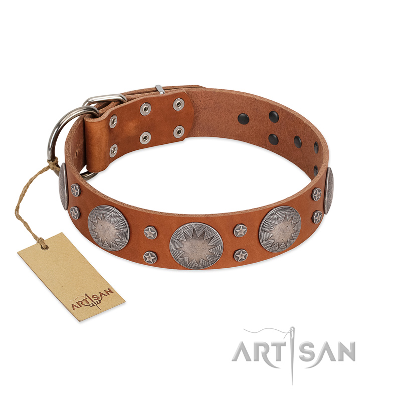 "Far Star" FDT Artisan Tan Leather German Shepherd Collar with Engraved Studs