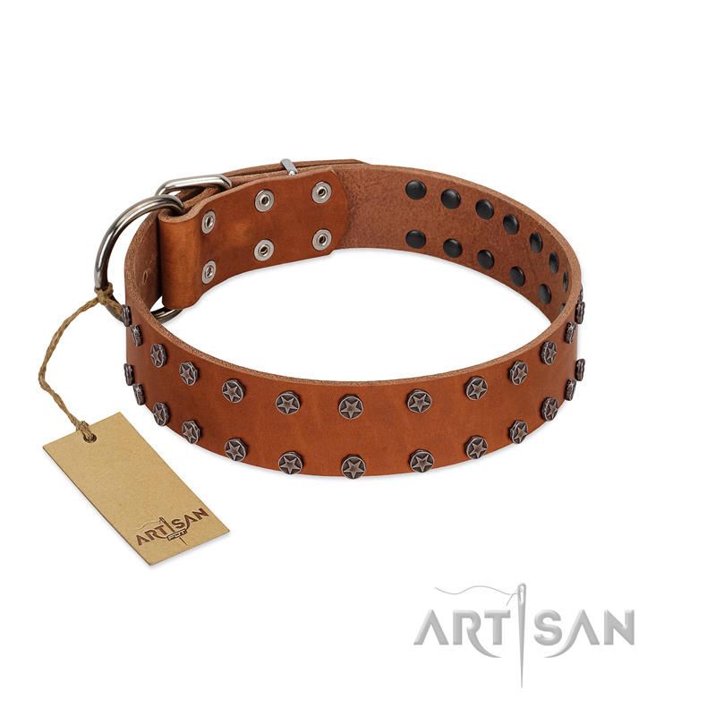 "Star Light" Stylish FDT Artisan Tan Leather German Shepherd Collar with Silver-Like Studs - Click Image to Close