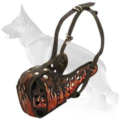 Impressive Handpainted With Flames Leather Muzzle For  German Shepherd Breed